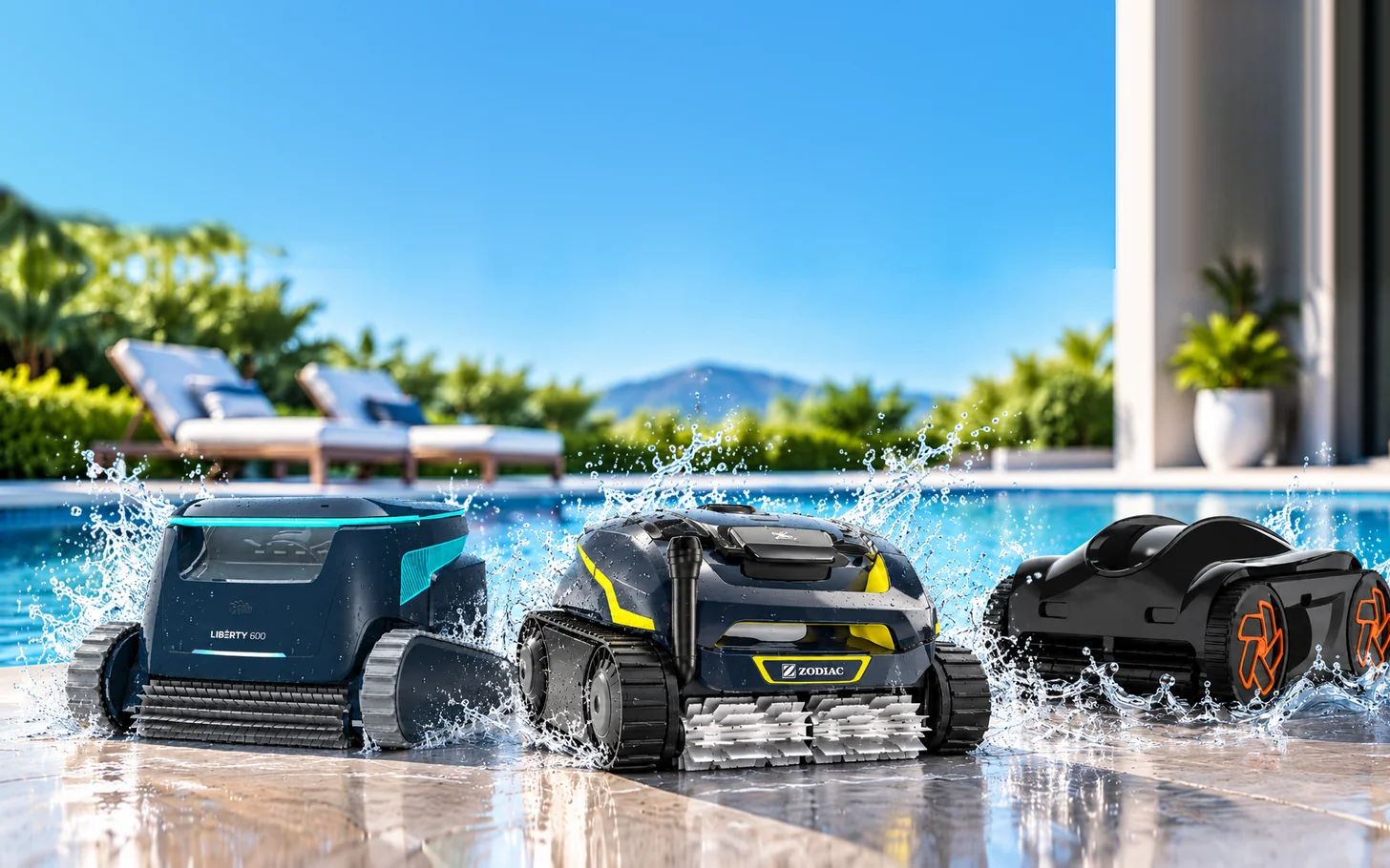 Drei Poolroboter am Beckenrand mit Wasserspritzern